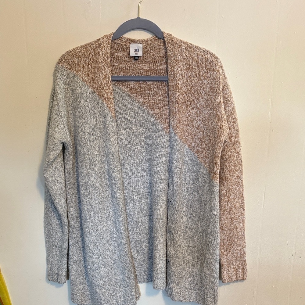 CAbi tilt color block Mom line sweater Gray and Tan Open Front Cardigan - Picture 1 of 5